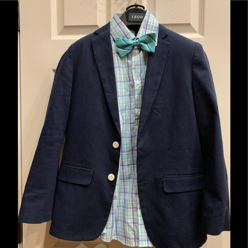 Izod Navy Blazer with Green Plaid Shirt and Teal Bow Tie Kids Matching Set